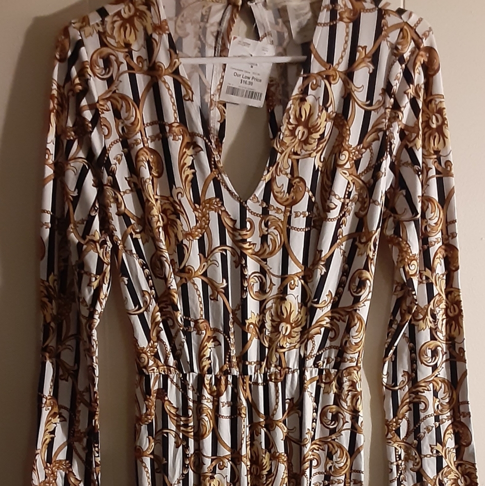 V neck Striped Floral Vine Long sleeved Jumpsuit